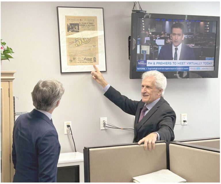 Editore on. Volpe mostra all’amb. Cattaneo prima pagina del Corriere Canadese del 2 giugno 1954