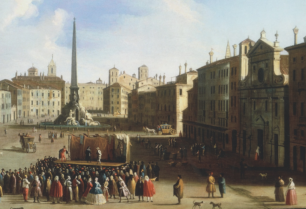 Commedia dell’arte in Piazza Navona, estratto da quadro di Iacopo Fabris, ca. 1730