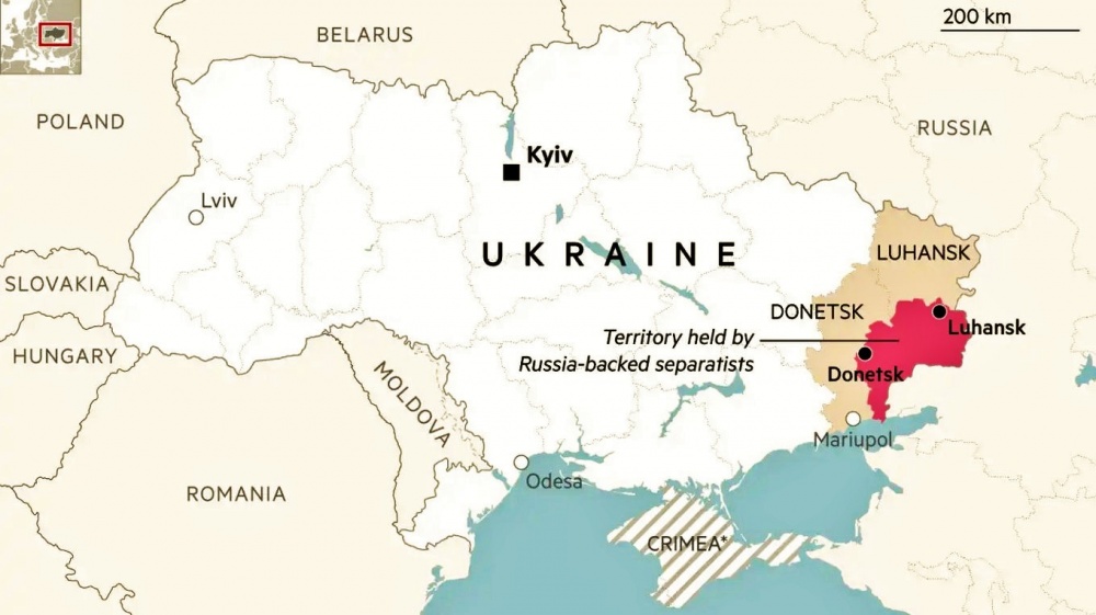 L’Ucraina, le province di Donetsk e Luhansk, e l’area occupata dai separatisti filo-russi
